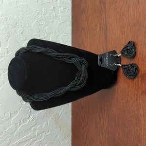 Veond Black Beaded Thick Twist Necklace and Earrings Set